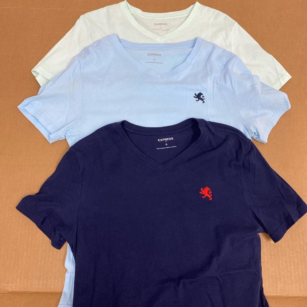 Express Mens V-Neck T-Shirt Bundle 3 Pack Blue Green Lion Logo Small